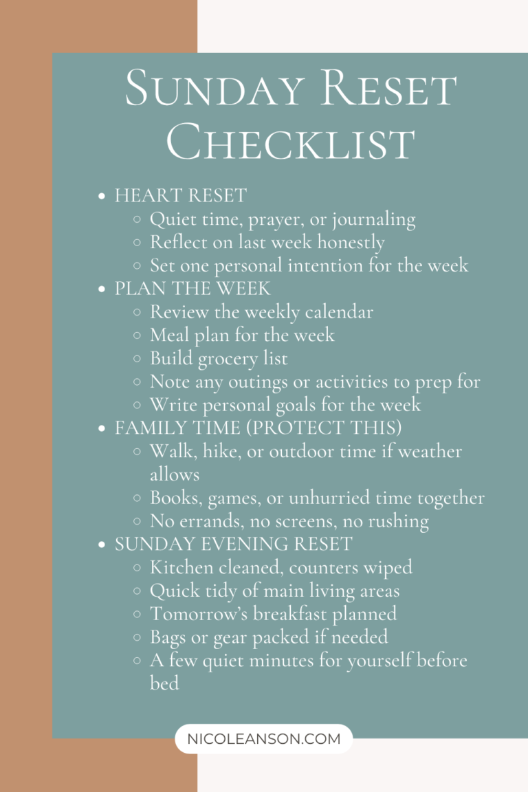 Sunday Reset Checklist: HEART RESETQuiet time, prayer, or journalingReflect on last week honestlySet one personal intention for the weekPLAN THE WEEKReview the weekly calendarMeal plan for the weekBuild grocery listNote any outings or activities to prep forWrite personal goals for the weekFAMILY TIME (PROTECT THIS)Walk, hike, or outdoor time if weather allowsBooks, games, or unhurried time togetherNo errands, no screens, no rushingSUNDAY EVENING RESETKitchen cleaned, counters wipedQuick tidy of main living areasTomorrow’s breakfast plannedBags or gear packed if neededA few quiet minutes for yourself before bed
